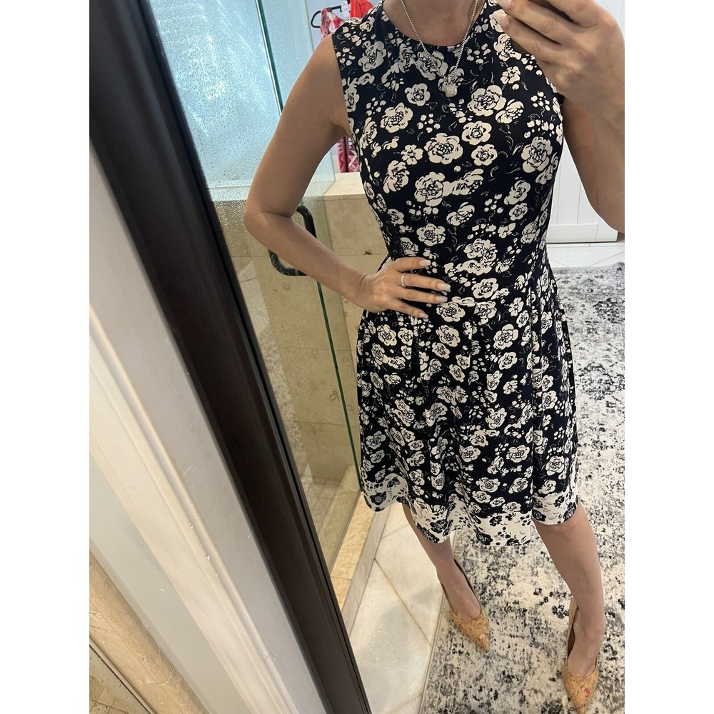 Chaps Ralph Lauren Women's Dress White Blue Floral Stretch A-Line Fit Flare l